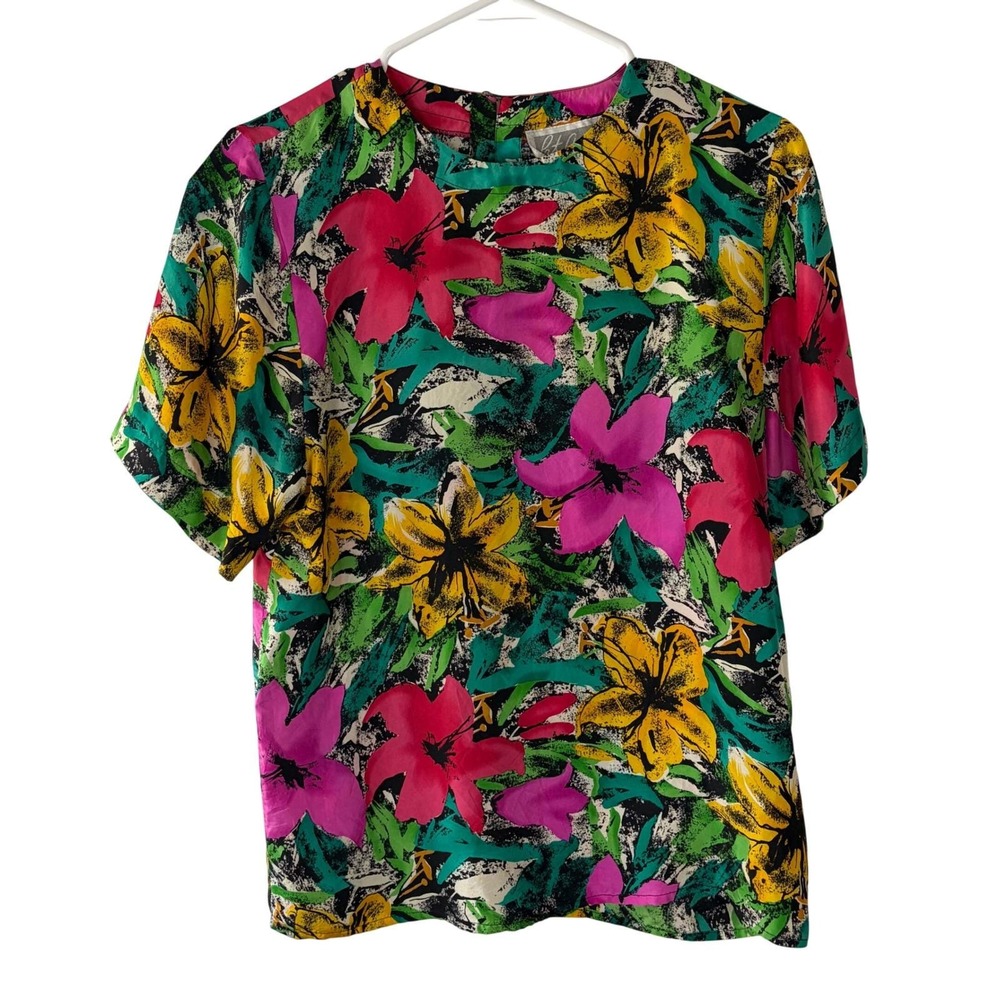 Pat Argenti Vintage 100% Silk Floral Blouse Short Sleeve Multi-Color Top Small